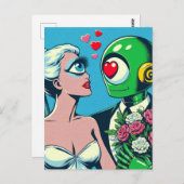 One Eyed Alien Woman en Green Robot zijn verliefd  Briefkaart (Voorkant / Achterkant)