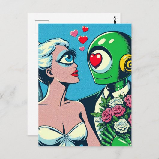 One Eyed Alien Woman en Green Robot zijn verliefd  Briefkaart (Voorkant / Achterkant)