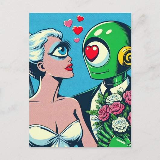 One Eyed Alien Woman en Green Robot zijn verliefd  Briefkaart (Voorkant)