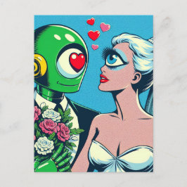 One Eyed Alien Woman en Green Robot zijn verliefd Briefkaart