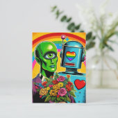 One Eyed Green Alien en een Robot Bruiloft Briefkaart (Staand voorkant)