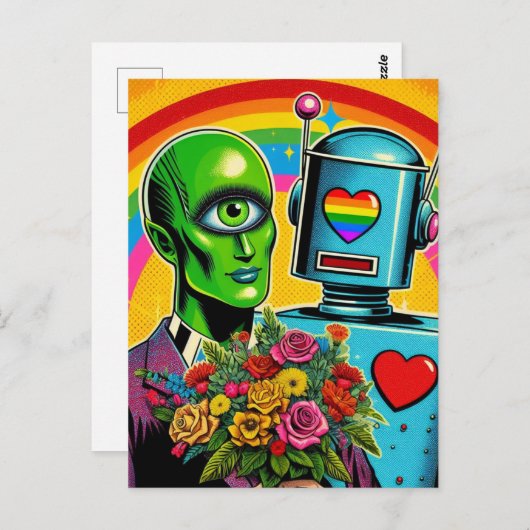 One Eyed Green Alien en een Robot Bruiloft Briefkaart (Voorkant / Achterkant)