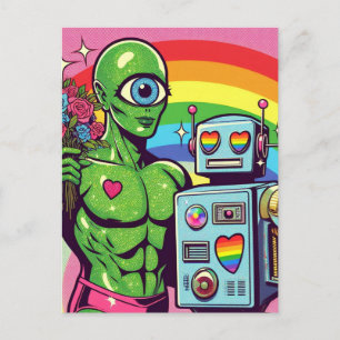 One Eyed Green Alien en een Robot in Liefde Briefkaart
