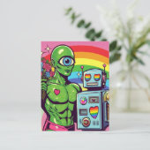 One Eyed Green Alien en een Robot in Liefde Briefkaart (Staand voorkant)