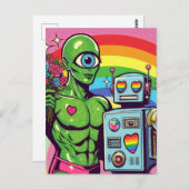 One Eyed Green Alien en een Robot in Liefde Briefkaart (Voorkant / Achterkant)