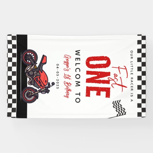 One Fast Race Motorcycle Boy 1st Birthday Party Spandoek (Horizontaal)