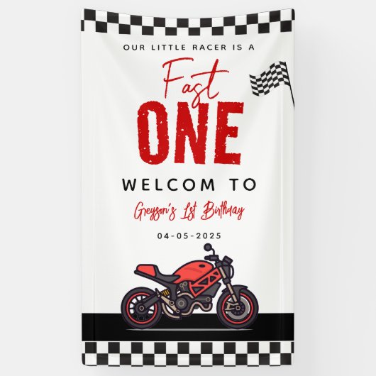 One Fast Race Motorcycle Boy 1st Birthday Party Spandoek (Verticaal)