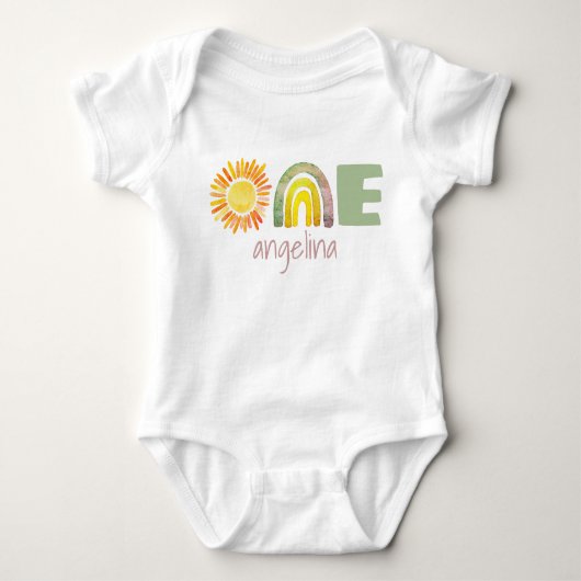 ONE First Birthday Baby Boho Rainbow Name Baby Romper (Voorkant)
