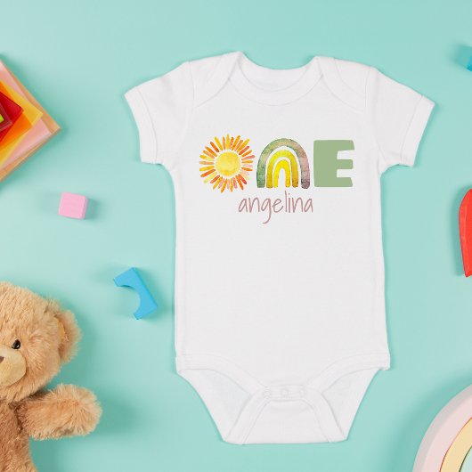 ONE First Birthday Baby Boho Rainbow Name Baby Romper