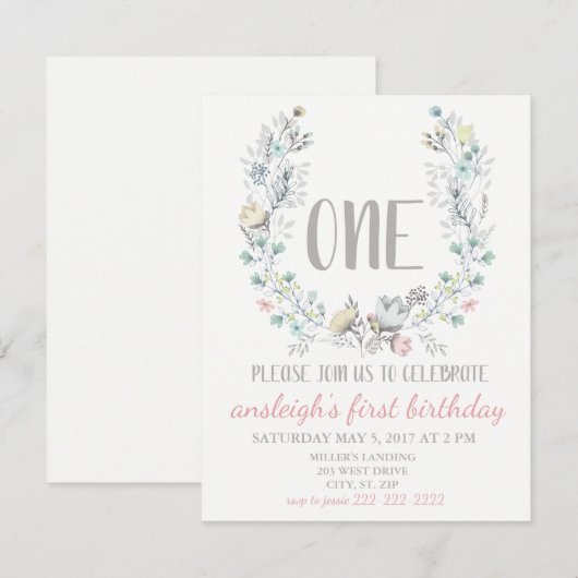 "ONE" First Birthday Florence Invitation Kaart (Voorkant / Achterkant)