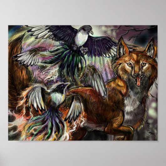 One for Sorrow Magpie and Fox Digital Illustration Poster (Voorkant)