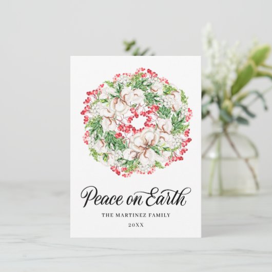 ONE FOTO White Floral Kerstmis Wreath 2022 Feestdagenkaart (Staand voorkant)