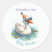 "One Gekke Goose" eerste verjaardagsfeestje Ronde Sticker (Voorkant)
