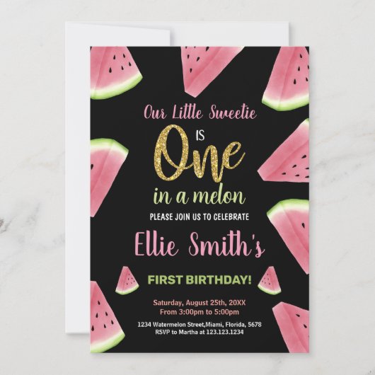 One Giltter Slices Watermelon Verjaardag Uitnodigi Kaart (Voorkant)