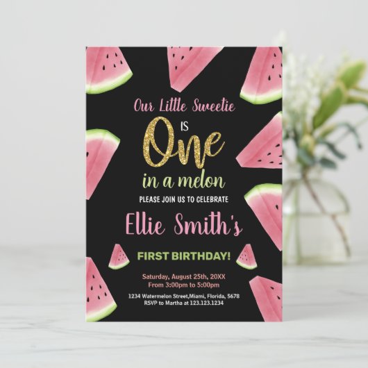 One Giltter Slices Watermelon Verjaardag Uitnodigi Kaart (Staand voorkant)