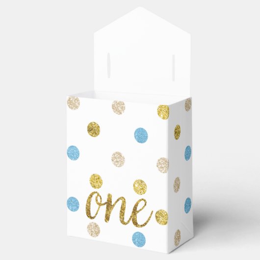 One Glitter Confetti 1e Verjaardag Blauw en Goud Bedankdoosjes (Geopend)