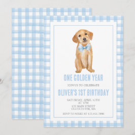 One Golden Year Puppy preppy plaid birthday Kaart