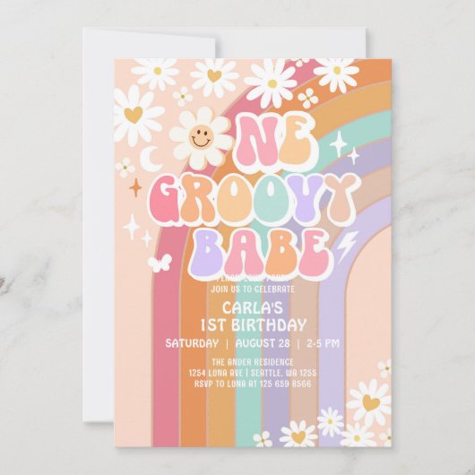 One Groovy Babe Daisy Rainbow Retro 1e verjaardag Kaart (Voorkant)