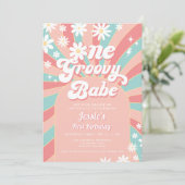 One Groovy Babe Pink Daisy 70s Retro 1e Verjaardag Kaart (Staand voorkant)