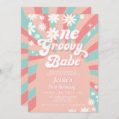One Groovy Babe Pink Daisy 70s Retro 1e Verjaardag Kaart (Voorkant / Achterkant)