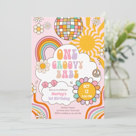 One Groovy Babe Retro 70s Regenboog 1e verjaardag Kaart (Staand voorkant)