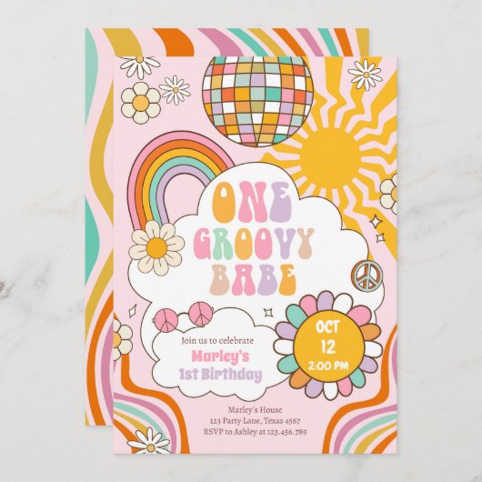 One Groovy Babe Retro 70s Regenboog 1e verjaardag Kaart (Voorkant / Achterkant)