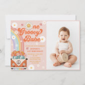 One Groovy Babe Retro Regenboog 1e Verjaardagsfoto Kaart (Voorkant)