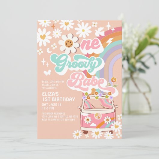 ONE Groovy Babe Roze Daisy Regenboog 1e verjaardag Kaart (Staand voorkant)