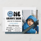 One Groovy Dude Boy 1e Verjaardag Foto Kaart (Voorkant)
