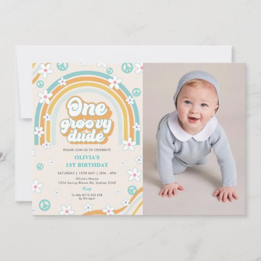 One Groovy Dude Retro Boy 1e Verjaardagsfeestfoto Kaart (Voorkant)