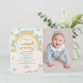 One Groovy Dude Retro Boy 1e Verjaardagsfeestfoto Kaart (Staand voorkant)