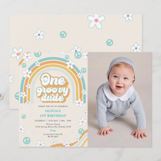One Groovy Dude Retro Boy 1e Verjaardagsfeestfoto Kaart (Voorkant / Achterkant)