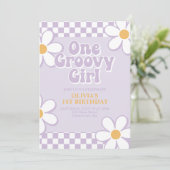 One Groovy Girl Retro Geruite Lila Madeliefje Kaart (Staand voorkant)