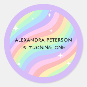 One Groovy Year Retro Pastel Regenboog 1e Verjaard Ronde Sticker