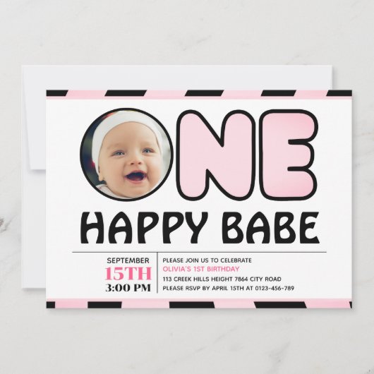 One Happy Babe Groovy Check Girl Foto Verjaardag Kaart (Voorkant)