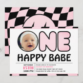 One Happy Babe Groovy Check Girl Foto Verjaardag Kaart (Voorkant / Achterkant)