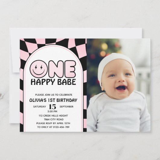One Happy Babe Groovy Pink Check Foto Verjaardag Kaart (Voorkant)