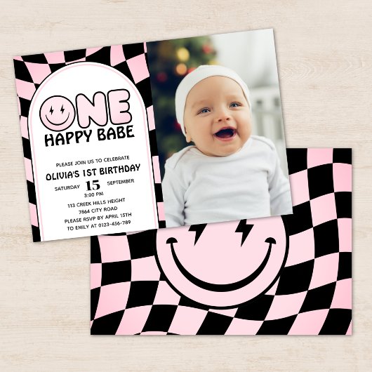 One Happy Babe Groovy Pink Check Foto Verjaardag Kaart