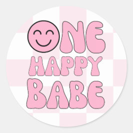 One Happy Babe Happy Face Pink Check Ronde Sticker