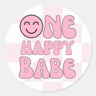 One Happy Babe Happy Face Pink Check Ronde Sticker