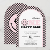 One Happy Babe Retro Roze Eerste Verjaardag Kaart (Voorkant / Achterkant)