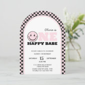 One Happy Babe Retro Roze Eerste Verjaardag Kaart (Staand voorkant)