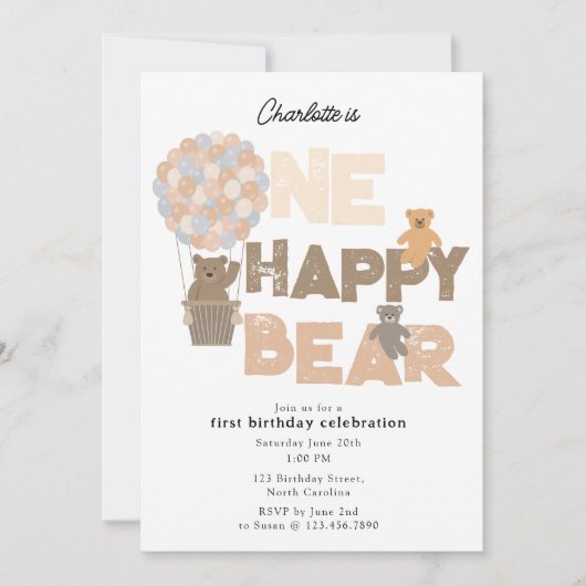 One Happy Bear Invite 1st  First Birthday Cute Kaart (Voorkant)