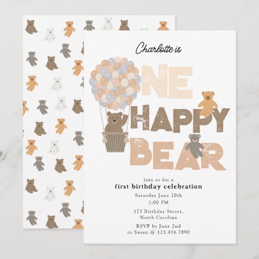 One Happy Bear Invite 1st First Birthday Cute Kaart (Voorkant / Achterkant)