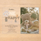 One Happy Bear Invite 1st  First Birthday Photo Acryl Uitnodigingen (Voorkant)