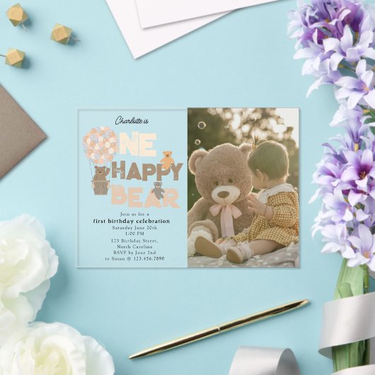 One Happy Bear Invite 1st First Birthday Photo Acryl Uitnodigingen (Insitu (Huwelijk))
