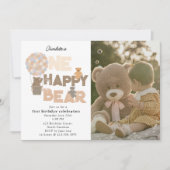 One Happy Bear Invite 1st  First Birthday Photo Kaart (Voorkant)