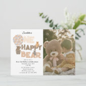 One Happy Bear Invite 1st  First Birthday Photo Kaart (Staand voorkant)