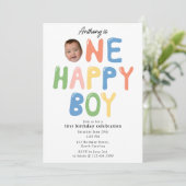 One Happy Boy Birthday Invite 1st Birthday Photo Kaart (Staand voorkant)