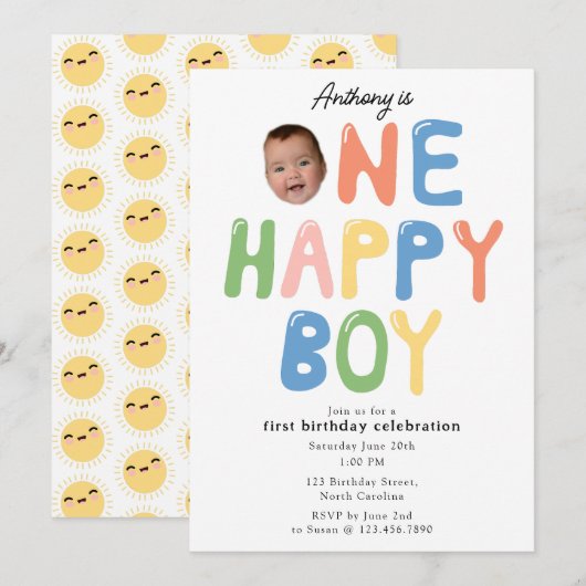 One Happy Boy Birthday Invite 1st Birthday Photo Kaart (Voorkant / Achterkant)